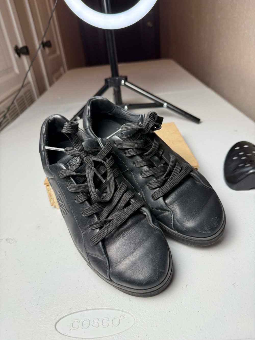 Used FENDI FF Embossed Black Leather Sneakers Sz 37.5 / US 7.5 - Picture 13 of 13